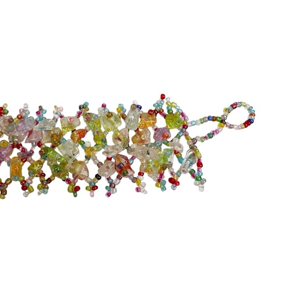 Colorful Glass Chip & Seed Beaded Lattice Stretch Wide Bracelet - Picture 8 of 14